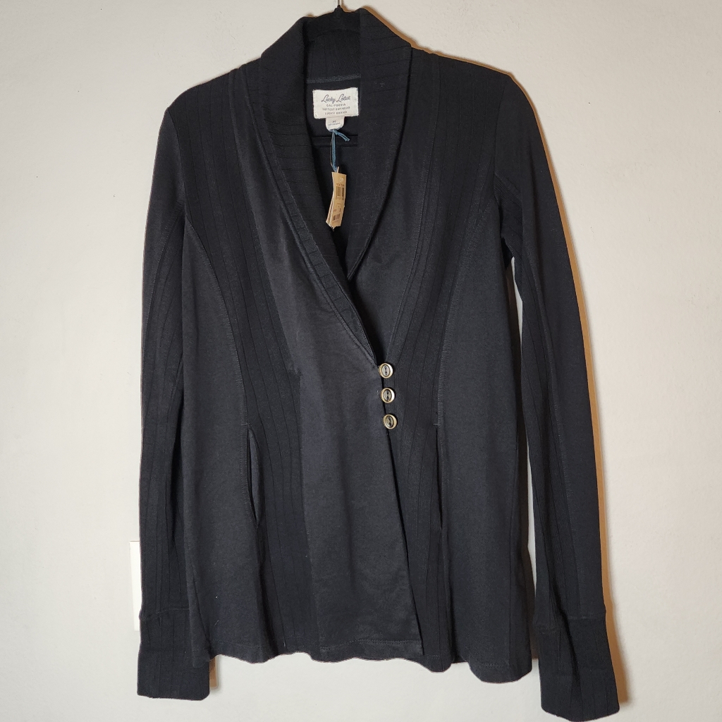 Nwt Lucky Brand Black Softest Knitwear Cotton Lotus Cardigan Blazer Size Medium